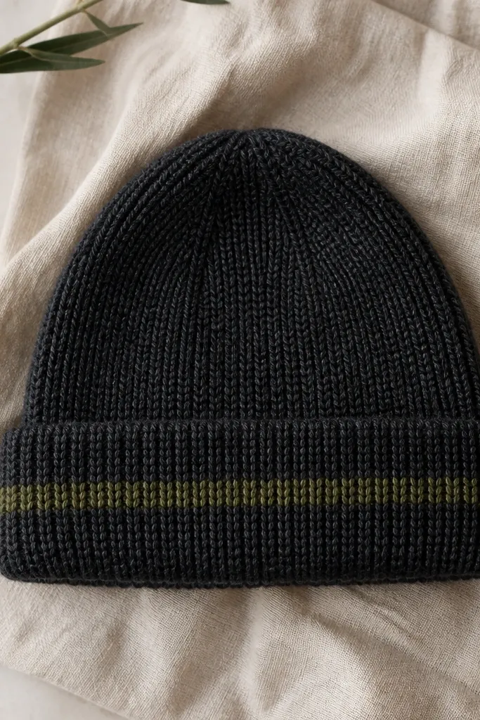 A handmade knit beanie in charcoal yarn with a single muted olive stripe across the cuff; the cuff is folded neatly and the knit stitches are evenly spaced.