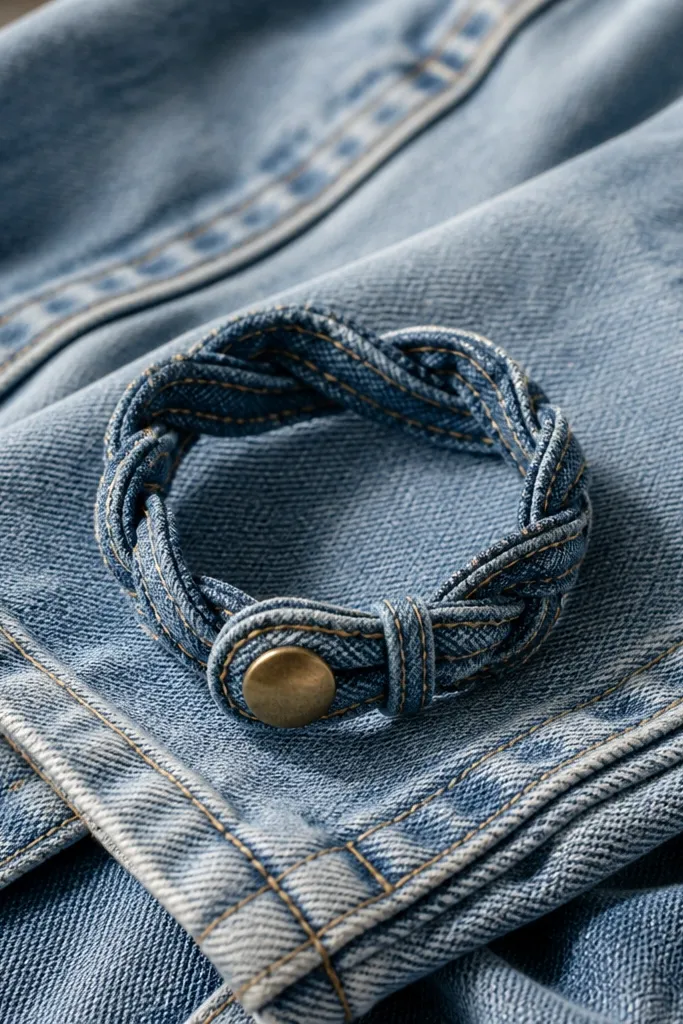 A handmade bracelet made from denim strips with visible topstitching and a small brass button closure; the bracelet is laid flat on a denim jacket sleeve.
