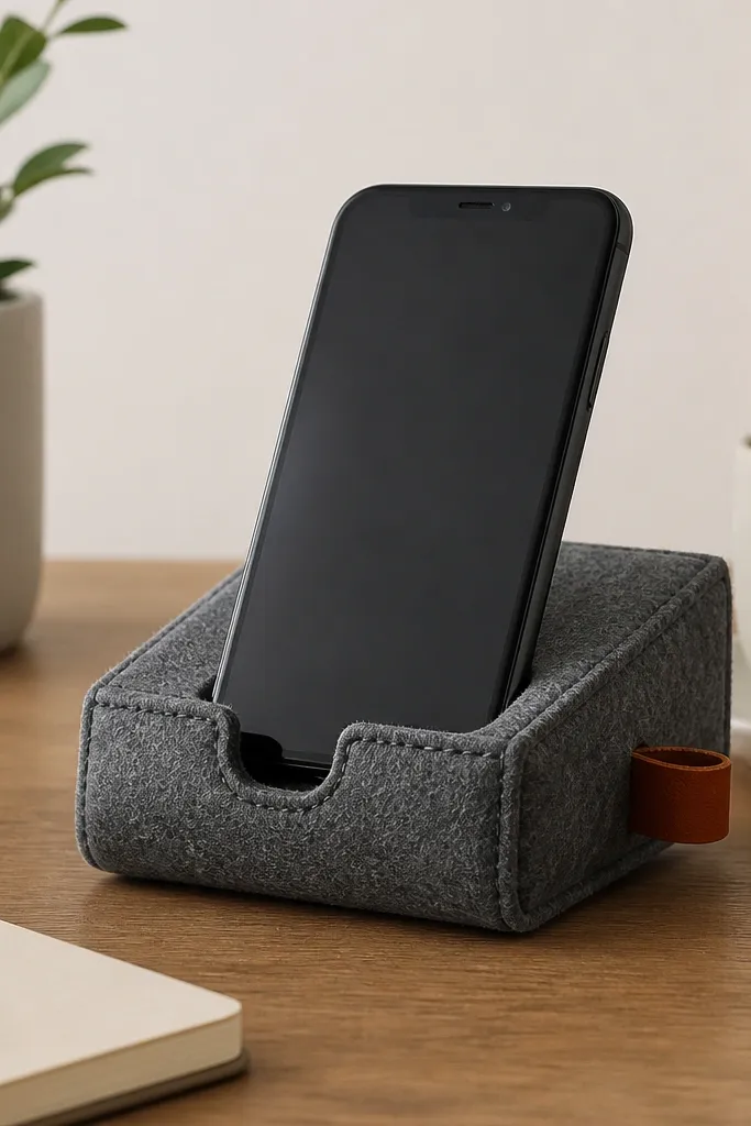 A felt phone stand shaped like a shallow wedge with a front cutout slot; the stand is made from thick gray felt with a neat stitched seam and a small leather loop on the side.