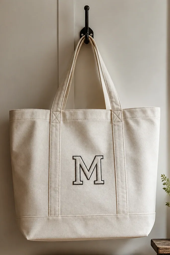 A canvas tote bag in natural off-white with a stitched letter monogram patch in black thread; the handles are reinforced with double stitching and the bag is shown hanging from a hook.