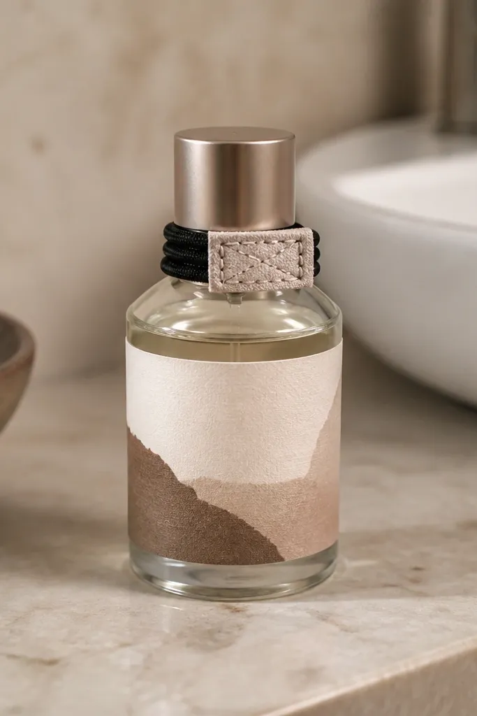 A small glass bottle with a handmade label in cream and brown, plus a black rubber band wrapped around the neck with a stitched fabric grip; the bottle sits on a bathroom counter.