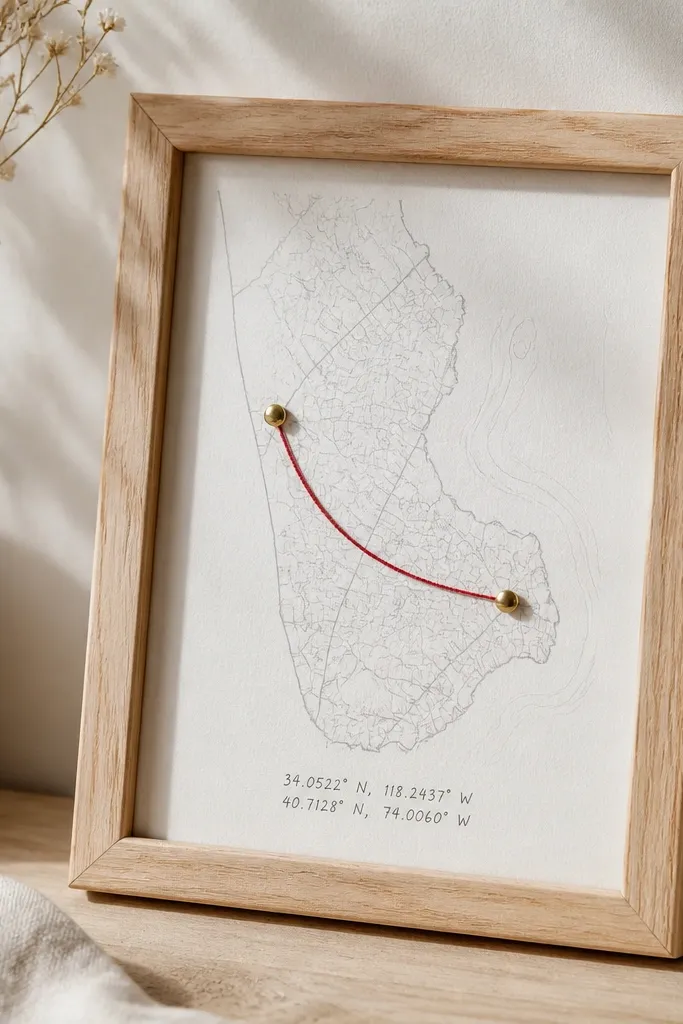 A small wooden frame holding a minimalist map print; two pushpins are connected with a thin strand of embroidery thread in a gentle curve, with coordinates written in tiny handwriting at the bottom.