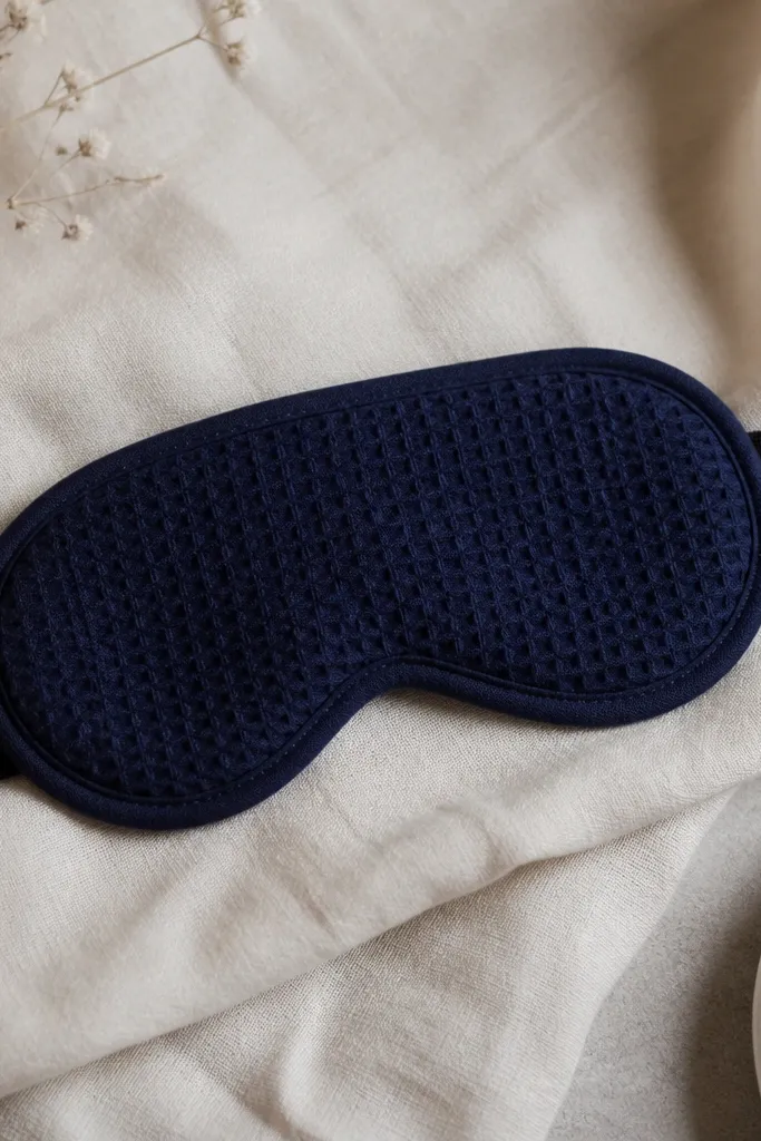 A handmade sleep mask with textured waffle-knit fabric in navy, black elastic straps, and a clean binding edge; the mask is photographed flat with the elastic visible.