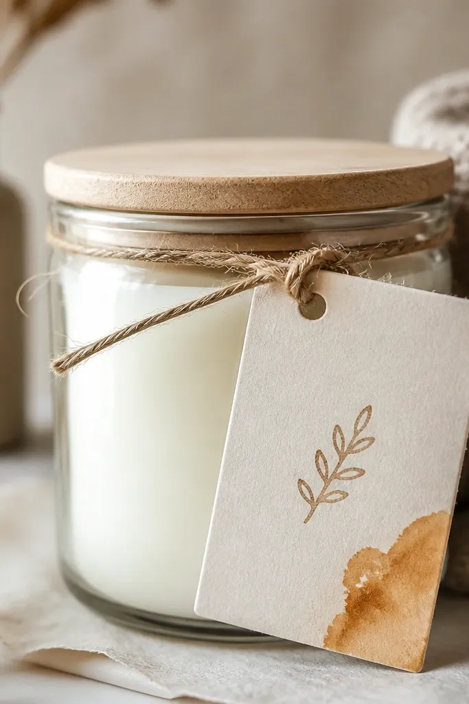 A small handmade scent tag attached to a candle jar with twine; the tag is a thick off-white cardstock rectangle with a stamped icon and a watercolor caramel stain in the corner.