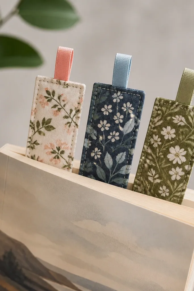 Three fabric bookmarks made from patterned cotton, each with a ribbon tab at the top and neatly stitched edges; they're shown sticking out of a paperback.