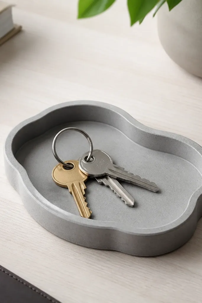 A small concrete key tray in a silicone mold shape, smooth gray surface with a slight speckle, and a shallow lip; keys are placed in the tray on a desk.
