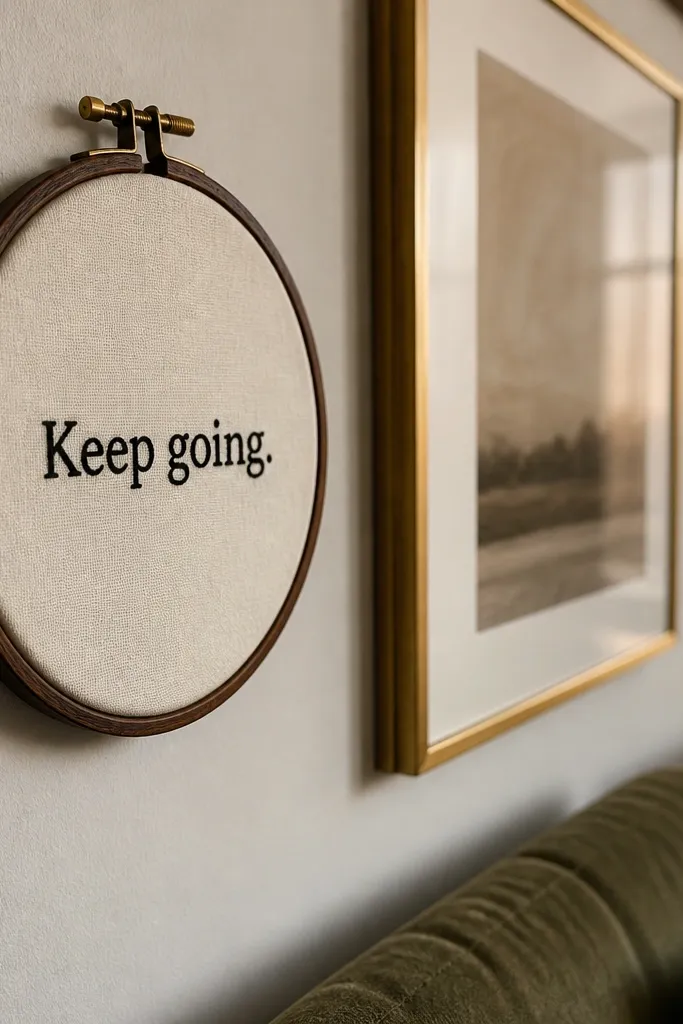 A 6-inch embroidery hoop with cream fabric, a single bold line of hand-embroidered script in black thread, and a small stitched star near the end; the hoop is hung on a wall.