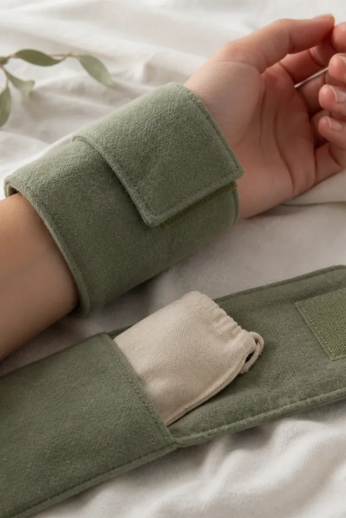 A handmade wrist wrap made from soft flannel in muted green, with a pocket on the inside edge for a small heat pack; a hook-and-loop strap closes it.