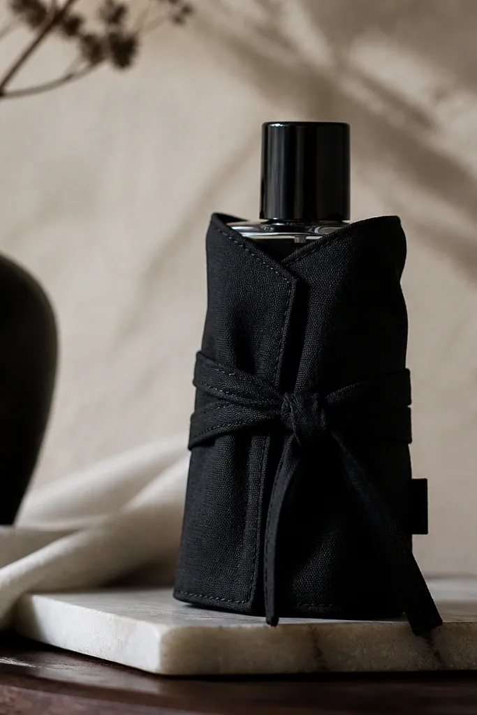 A handmade fabric wrap around a glass cologne bottle, tied with a fabric belt in black cotton; the wrap has neat stitched edges and a small fabric tag.