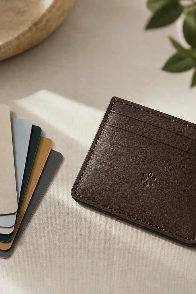 A slim faux leather card wallet in dark brown with an embossed small symbol in the center and a clean top stitch; it's photographed next to a set of cards.