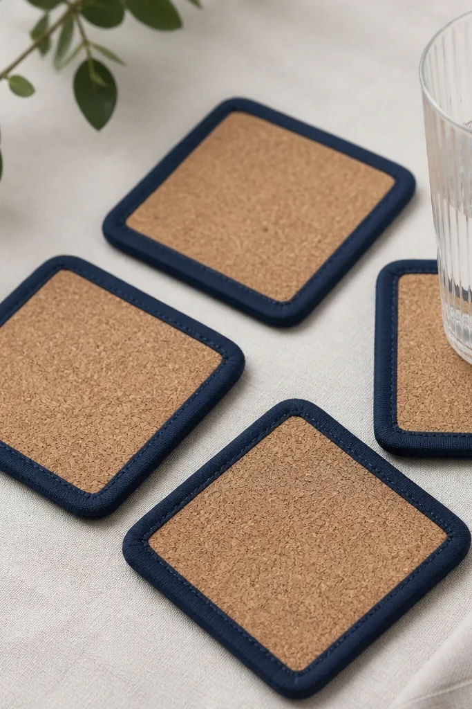 Four cork coasters with a stitched fabric border in dark navy around the perimeter; the cork is visible in the center and the border creates a neat frame.