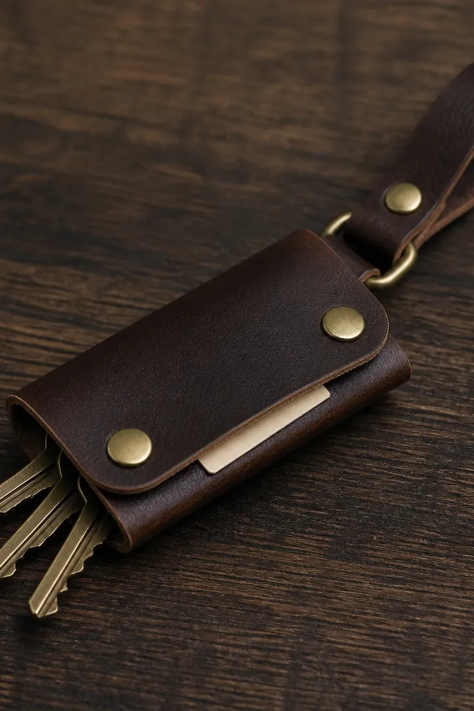 A small leather key organizer laid flat on a dark wood table. It has a strap loop for keys, a short front flap, and a narrow hidden pocket under the flap with a tiny paper note peeking out. The leather is dark brown with light edge burnishing, and the hardware is matte brass.