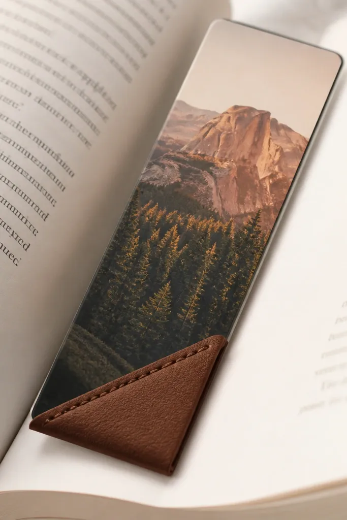 A bookmark sitting between two thick paperback pages. The top part shows a printed photo with a warm filter, and the bottom corner is a small piece of brown leather folded like a corner tab. The edges are neatly trimmed and lightly inked, with a stitched line along the leather corner.