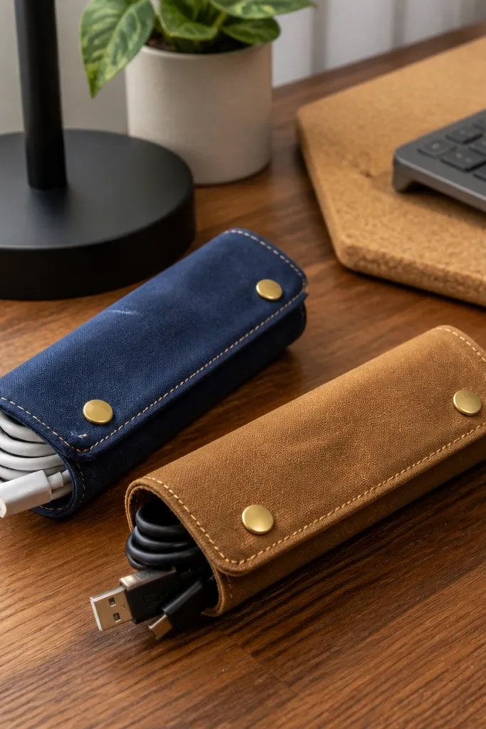 Three fabric cable wraps rolled around a bundle of cords on a white desk. Each wrap is a different color: olive, charcoal, and cream, with a small metal snap and a stitched label area. The fabric looks like sturdy canvas, and the wraps are neatly rolled and tied.