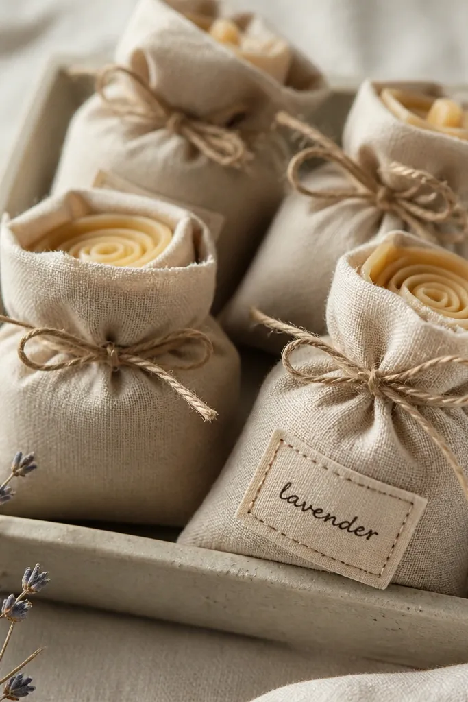 Small square sachets made from beige linen fabric, tied with twine. Inside each sachet is a rolled piece of wax with visible swirls. The sachets sit in a small tray, and one has a tiny stitched label with the scent name in dark thread.