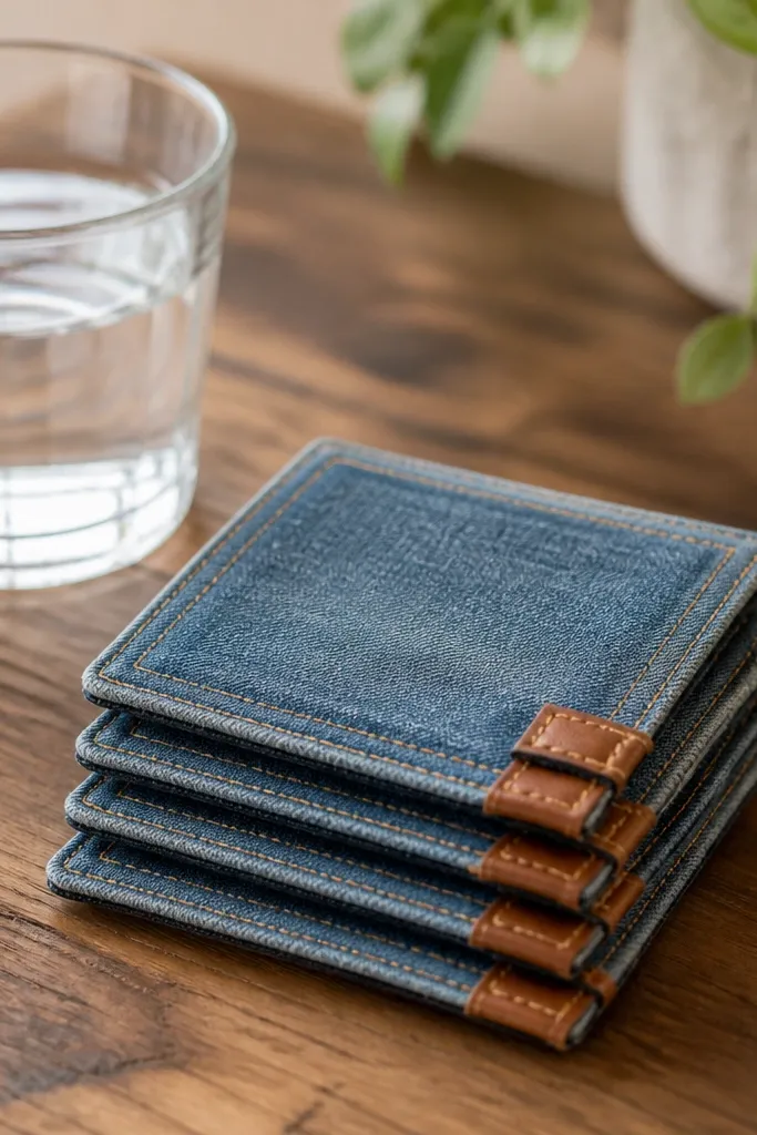 Four denim coasters with visible topstitching around the edges. Each coaster has a small brown leather tab sewn at one corner, and the denim is faded blue with a clean, squared shape. They're stacked on a coffee table with a glass of water nearby.