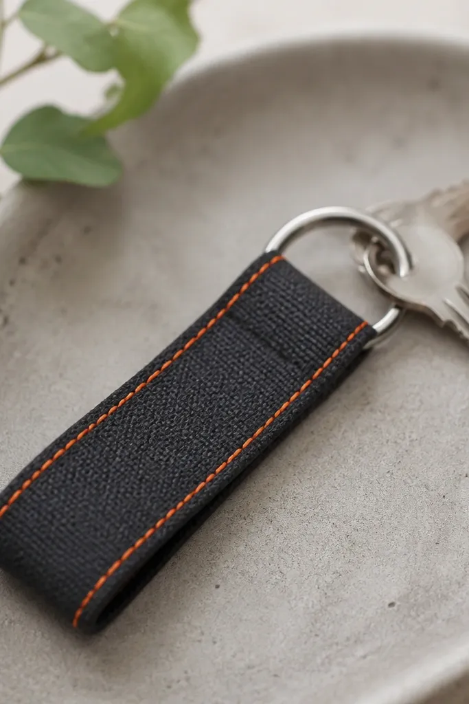 A slim key fob made from charcoal fabric with a bright orange contrast seam line along the edges. It has a metal key ring attached and a small loop that wraps around keys. The fabric looks like canvas, and the stitching is straight and even.
