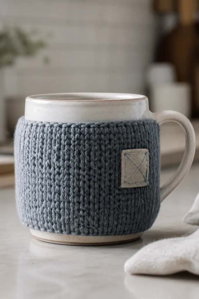 A knitted or sewn mug cozy hugging a ceramic mug on a kitchen counter. The cozy matches a muted blue-grey color, with a small stitched patch near the handle. The fabric looks thick and the seam sits neatly at the back.