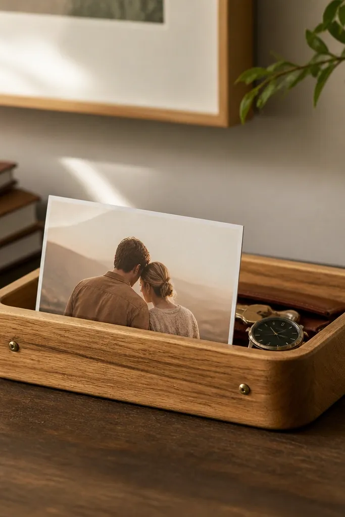 A small rectangular wood tray on a desk with a photo tucked into a shallow front slot. The wood is honey-brown with visible grain, and the tray has smooth rounded corners. Small brass screws secure the front piece, and the photo shows a couple in warm tones.