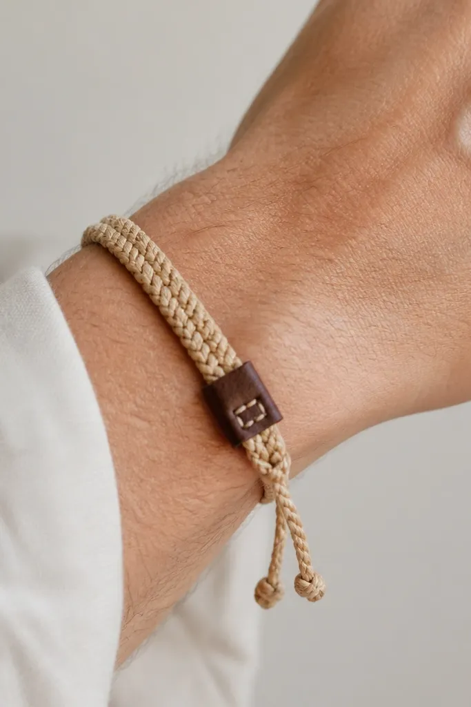 A tan twine bracelet braided in a tight pattern around the wrist, with a small dark leather tag stitched near the clasp. The bracelet has clean knots and a simple adjustable tie, photographed against a plain background.