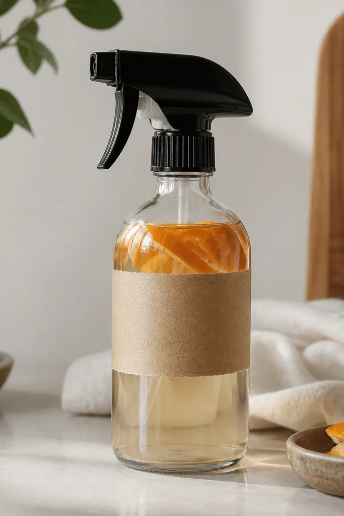 A glass spray bottle with a black mist nozzle sitting on a counter. The liquid is clear with a faint amber tint, and the label is handwritten on kraft paper. A few orange peel strips are visible inside the bottle near the top.