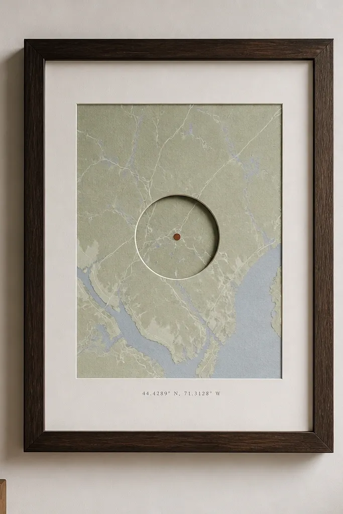 A framed poster on a wall. The poster shows a simplified map with a highlighted dot, and there's a cutout window in the frame that reveals the highlighted area. The frame is dark wood, and the coordinates are printed in small type below.