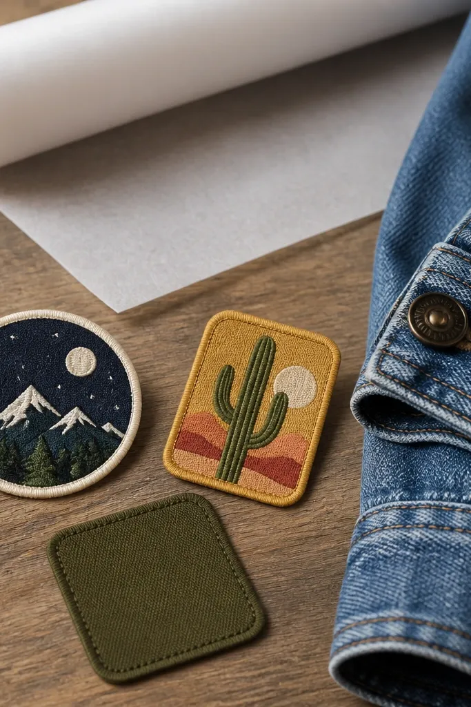 A small assortment of patches laid on a table: two fabric patches with embroidered icons and one cloth patch with a stitched border. Behind them is a roll of iron-on backing. The photo shows a denim jacket sleeve nearby, ready to place patches.