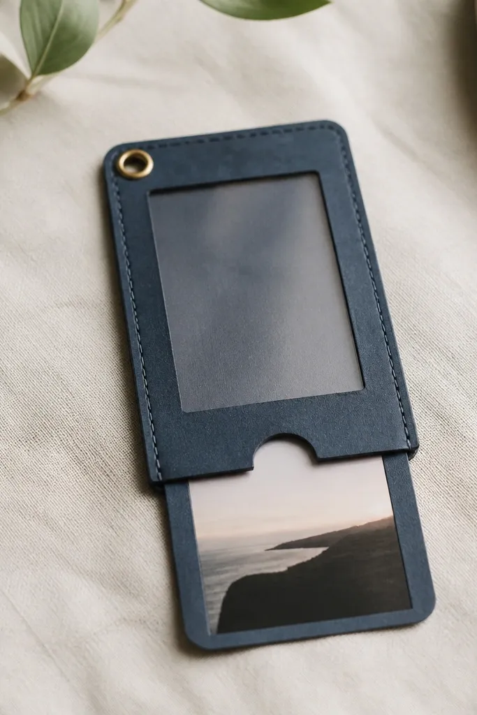 A small card that looks like a wallet insert. It has a clear top window and a sliding layer with a mini photo. The card is made from thick cardstock in dark navy with a small stitched border and a tiny brass ring hole.