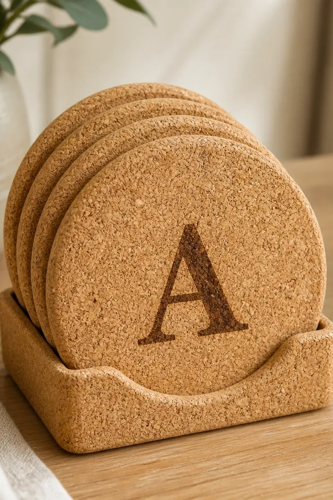 A set of four cork coasters with round edges. Each coaster has a burned initial in the center, dark brown on lighter cork. They're arranged in a small holder, and the cork texture is clearly visible.
