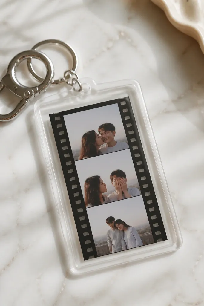 A keychain made from a clear laminate pouch with a small photo strip inside. The photo looks like it's from a film strip with sprocket edges, and the keychain has a metal ring and clasp. The laminate edges are sealed cleanly with no bubbles.