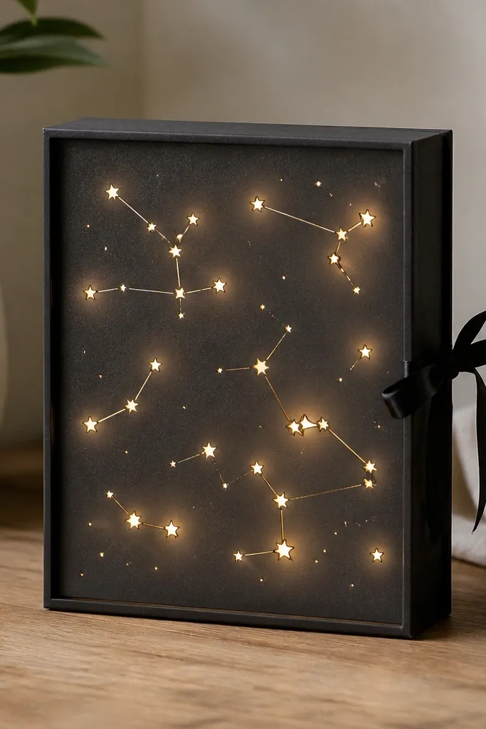 A small shadow box made from black cardstock, with a constellation pattern cut into the front. Behind the cutouts, warm white LEDs glow through frosted vellum. The stars look like tiny pinpricks with a soft halo around each cluster, and a thin ribbon holds the frame closed.