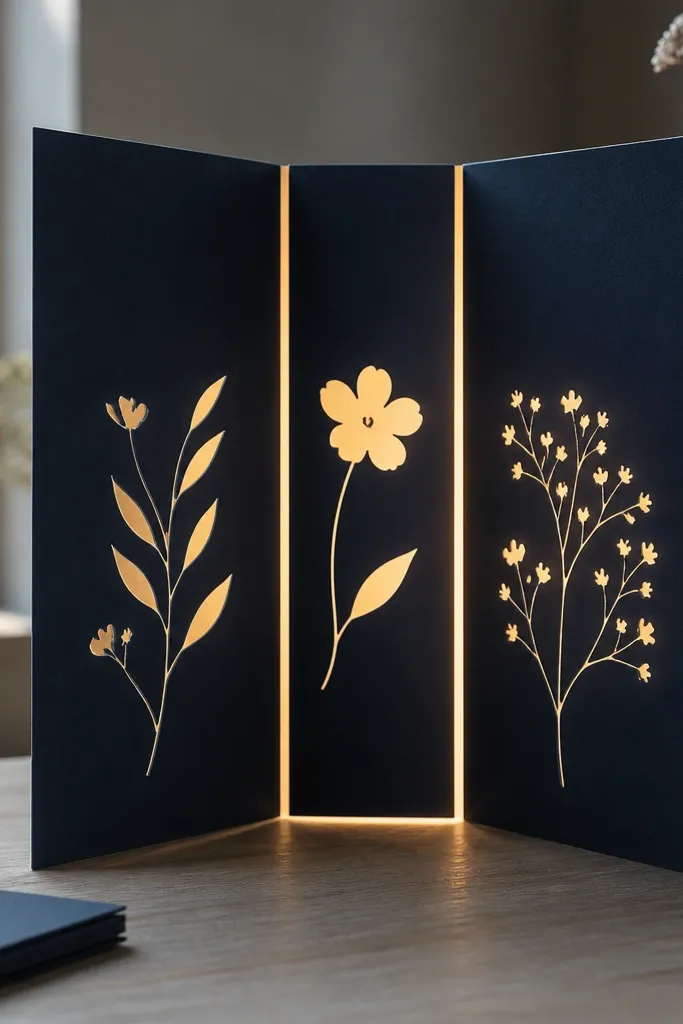 A tall card that opens like a book, with three fold panels. Inside, a warm LED strip glows along the center fold, and the letters are cut out to reveal light behind them. The cover has a simple handwritten-style message in white ink on dark navy paper.