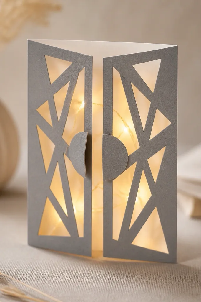 A folded geometric card with triangular cutouts. Warm LED fairy lights are tucked behind the structure, and the triangles glow like a paper lantern. The card closes with a magnetic clasp and has a clean, modern gray and cream color scheme.