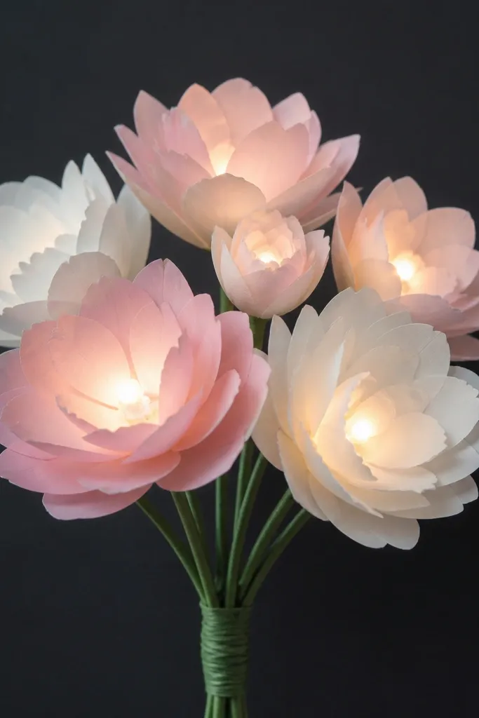 A small bouquet made from layered paper flowers in pale pink and white. Behind the petals, cool white LEDs glow softly, and the stems are wrapped in green wire. The background card is charcoal, making the flowers look lit from within.