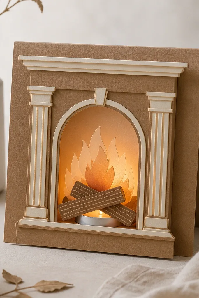 A folded scene card showing a paper fireplace with a glowing orange center. The "flame" area has layered vellum and cut-out logs, and a tea light sits in a protected compartment. The card is brown craft paper with cream highlights.