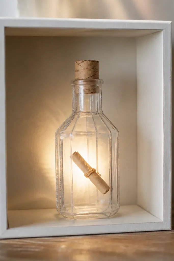 A clear plastic bottle shape made from acetate and paper, sitting in a small shadow box. A single LED beam glows from behind, and a rolled note floats inside. The bottle has a cork top made from brown paper rolled tightly.
