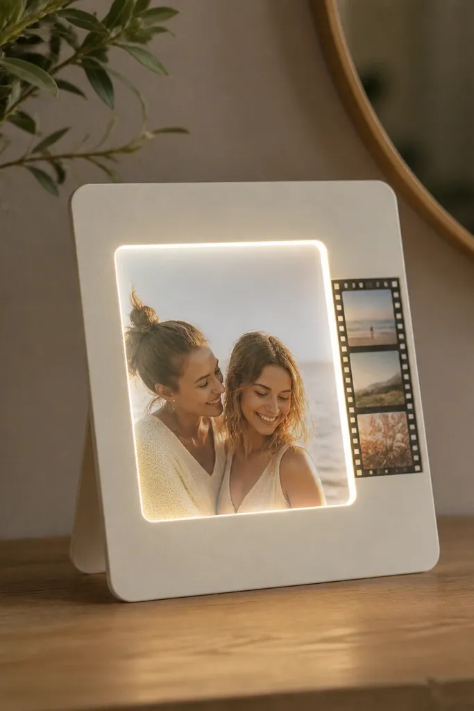 A faux Polaroid frame made from cream cardstock with rounded corners. Behind the photo window, a cool white LED glows, and a film strip runs along the side with tiny rectangle "frames." The battery pack is hidden in the back of the stand.
