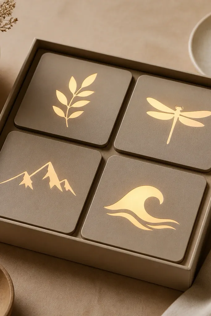 Four square coasters made from thick paperboard, each with a single quote cutout. Under each coaster, a small LED puck glows upward, showing the quote as a lit stencil. The coasters sit in a neat tray with a warm beige background.