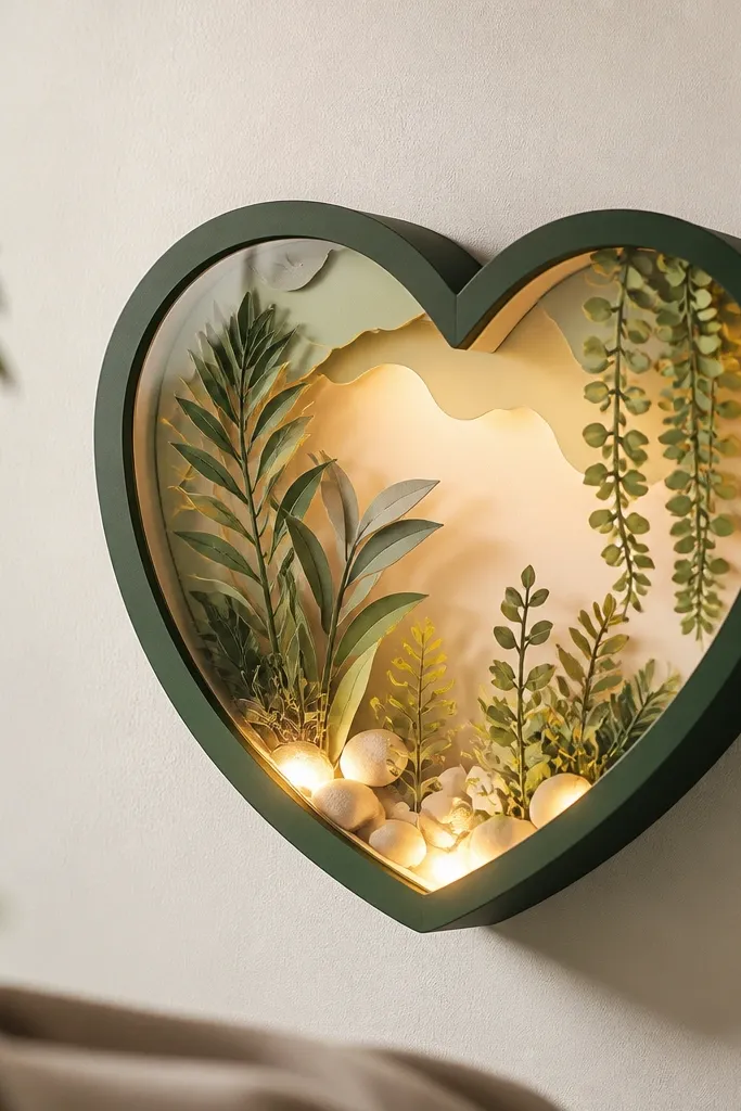 A heart-shaped wall hanging made from clear plastic and paper layers. Inside the heart, tiny paper "plants" and pebbles sit over a glowing LED base. The outer frame is dark green, and the glow is warm and soft.