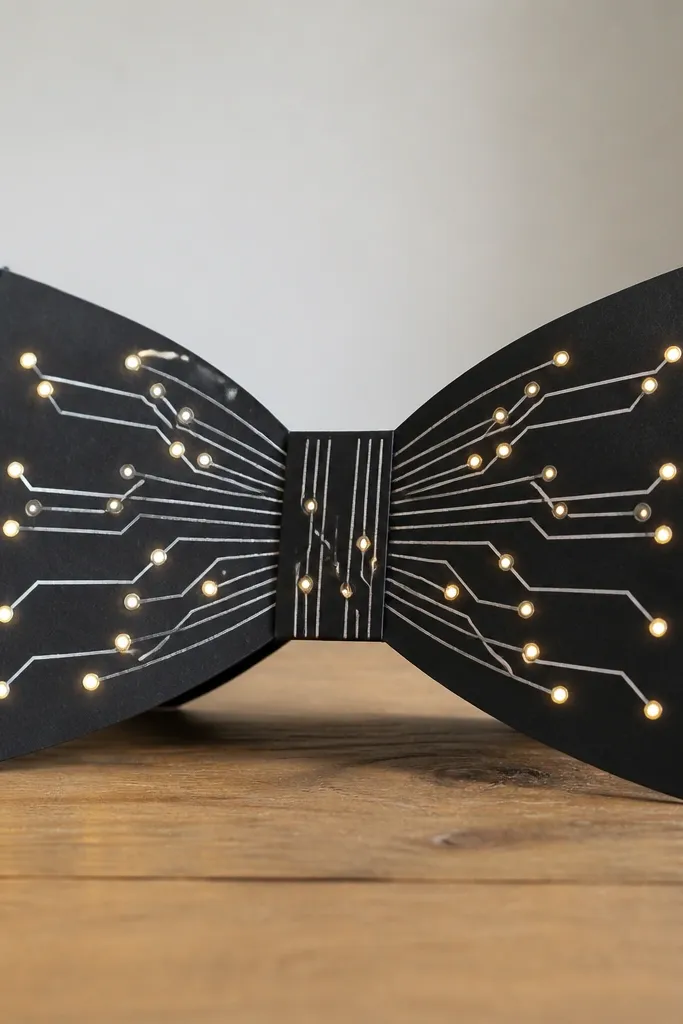 A bow tie-shaped card made from black cardstock with tiny cutouts where micro LEDs sit. The LEDs glow like dots across white paper lines that resemble circuit traces. The bow tie has a fold that lets it stand up.