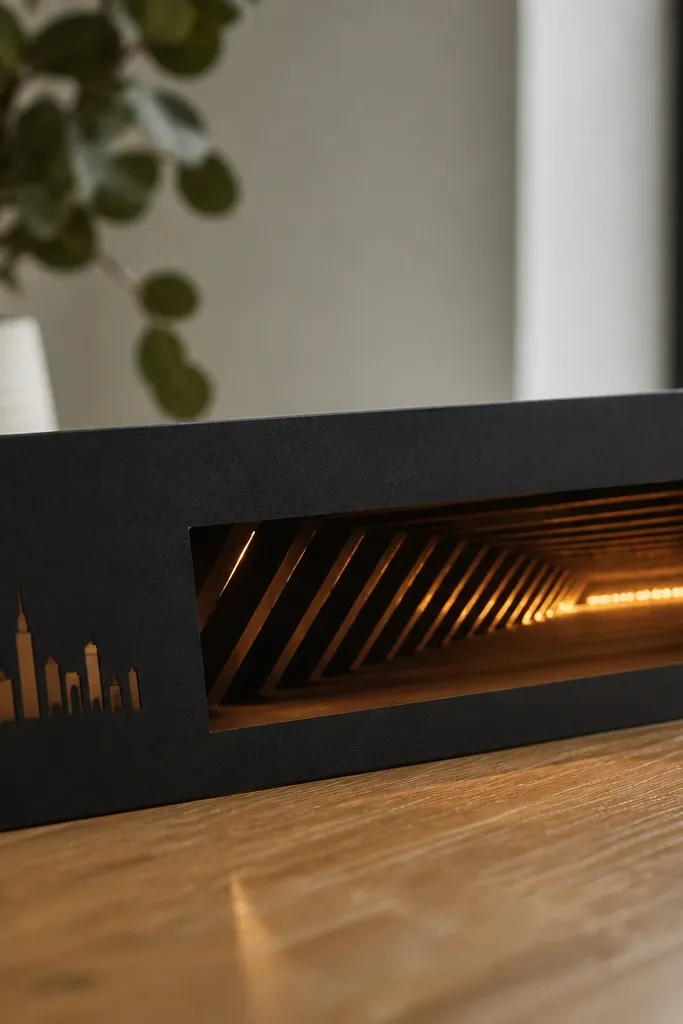 A long tunnel card with diagonal slats inside. A strip of warm LED glows from the back, and the diagonal cuts create a "moving headlights" illusion. The outside cover is matte black with a small city silhouette cutout.