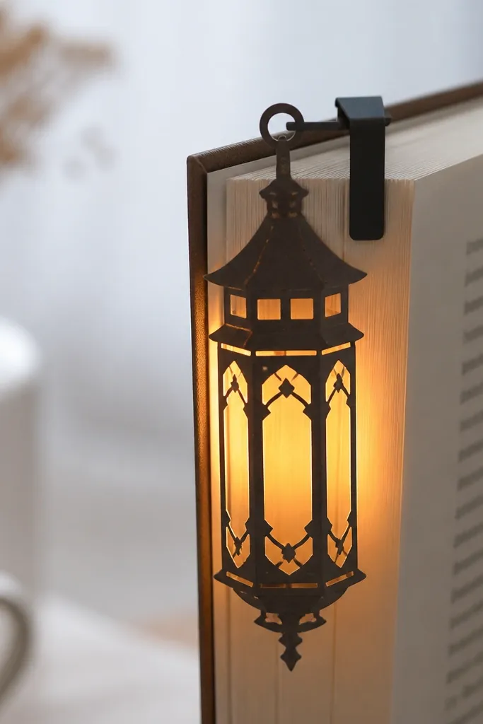 A tall paper bookmark shaped like a lantern, with small cutouts along the sides. A warm LED sits behind the lantern body, and the glow spills onto the page edge. The bookmark is held by a simple clip and looks thin and neat.