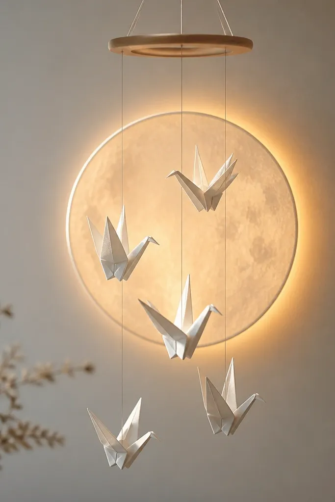 A small hanging mobile made from several white origami cranes. Behind them is a circular moon backdrop with a warm LED glow. The cranes are suspended by thin thread, and the whole piece looks light and airy.
