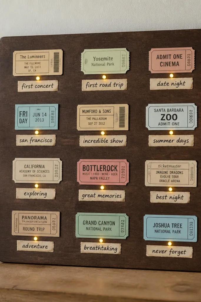 A scrapbook-style wall panel with several ticket stubs, handwritten labels, and small pinprick LED holes. The panel is dark brown, and the LEDs glow like tiny lights under the labels. Everything is arranged in a grid, with a neat battery compartment on the back.