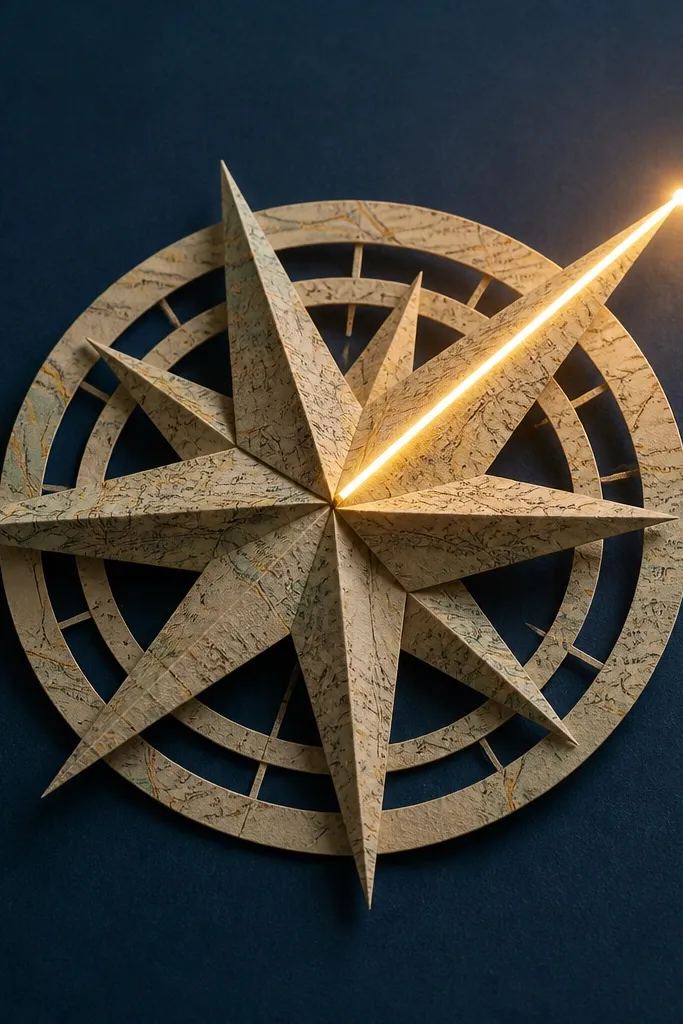 A folded paper compass shape made from vintage map print paper. A thin LED strip runs along a needle pointing outward, and the tip glows brightest. The background is a dark blue card, and the compass has small cut-out details.