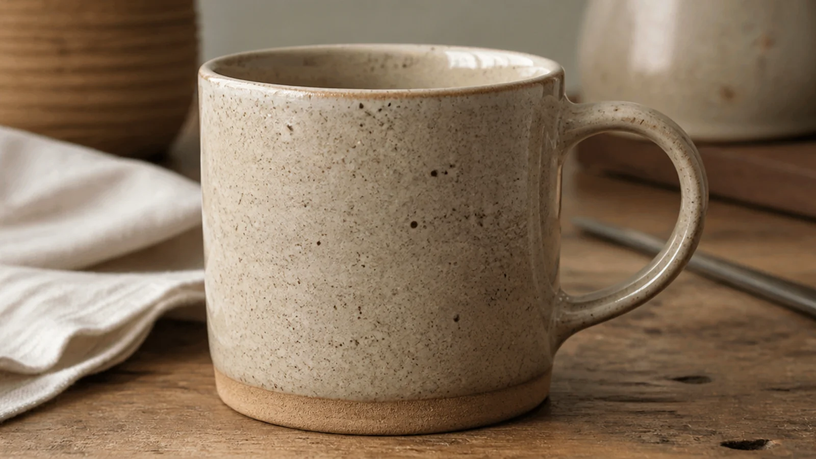 A simple straight-sided mug in speckled buff clay under a clear satin glaze, the iron flecks showing, with a clean unglazed foot.