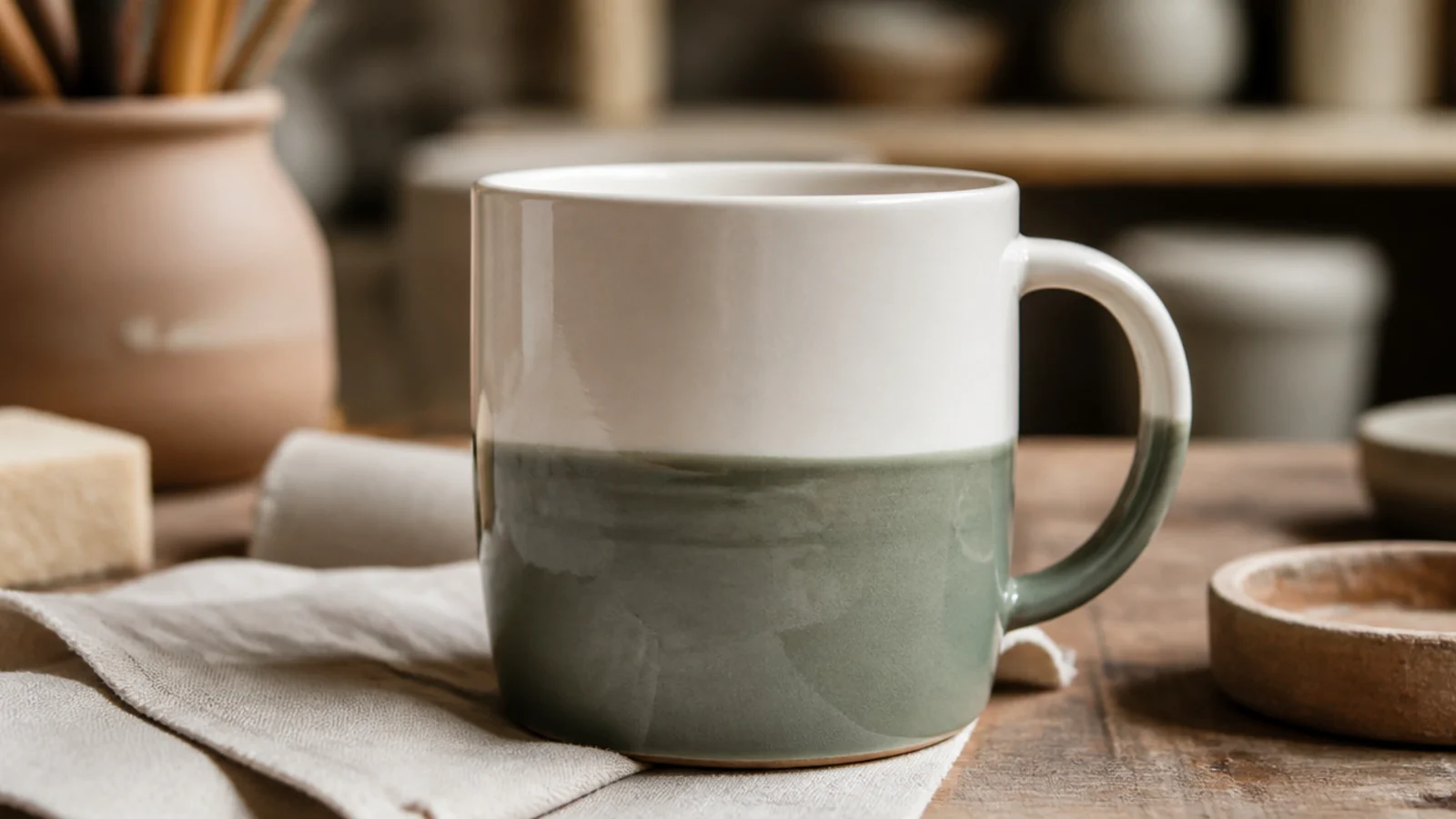 A white mug with the bottom half dipped in glossy sage glaze meeting a crisp horizontal line against the bare white top.