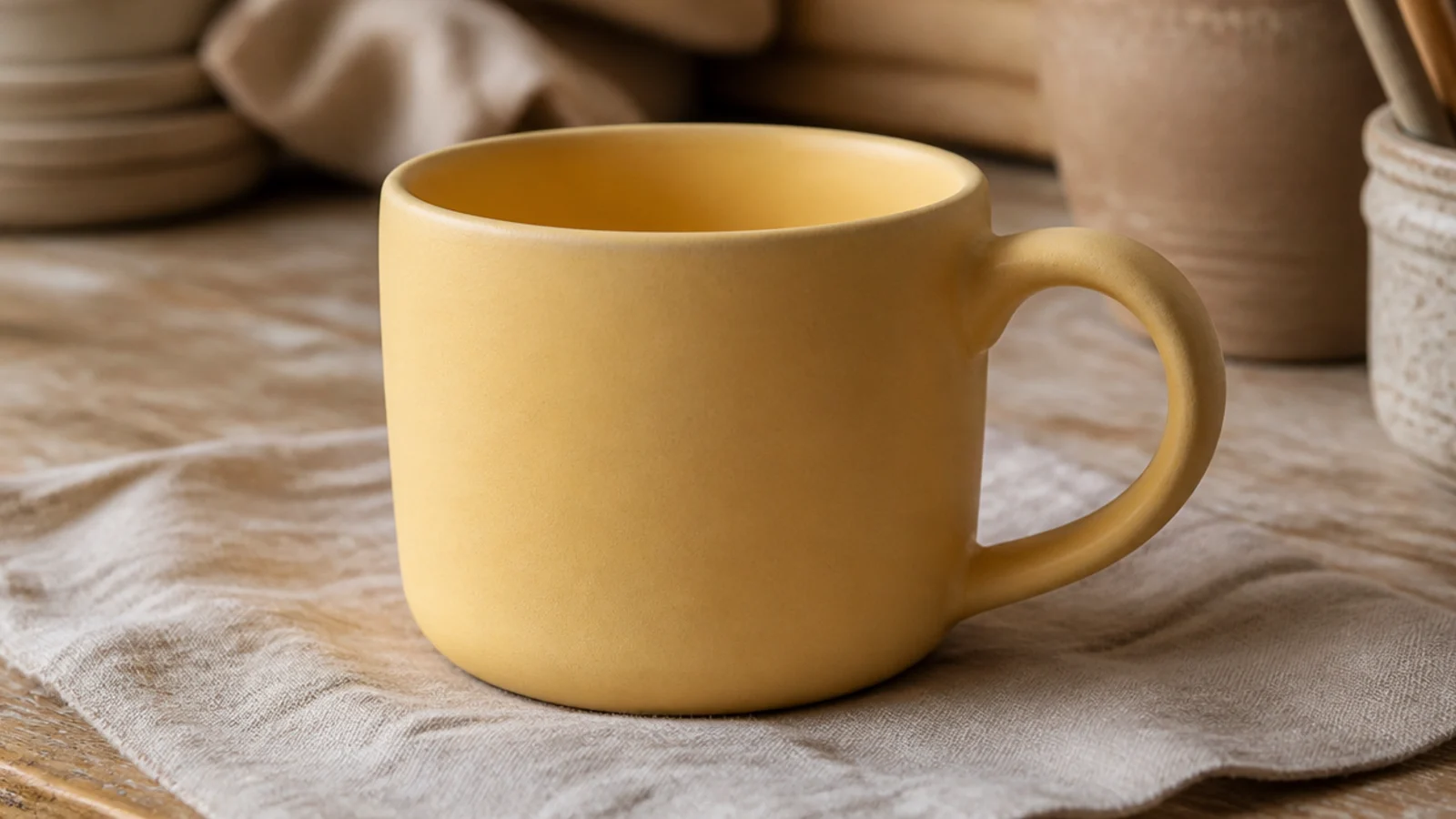 A smooth mug in a single soft matte butter-yellow glaze with a rounded handle, calm and uniform, on a linen surface.