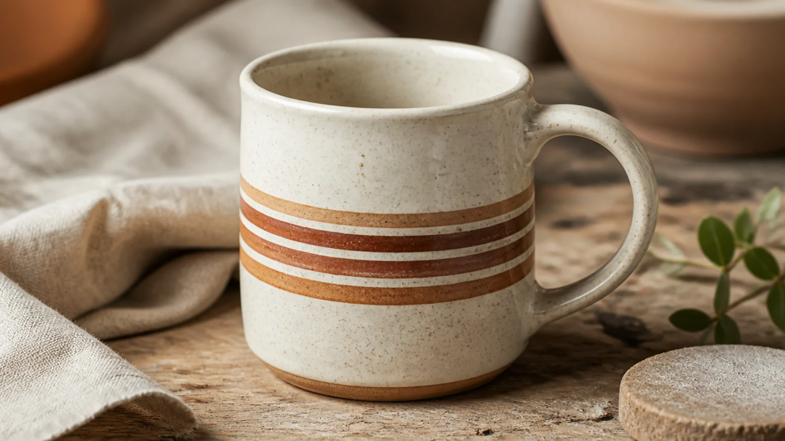 A cream mug banded with a few earthy terracotta and clay-brown horizontal stripes around the middle, warm and minimal.
