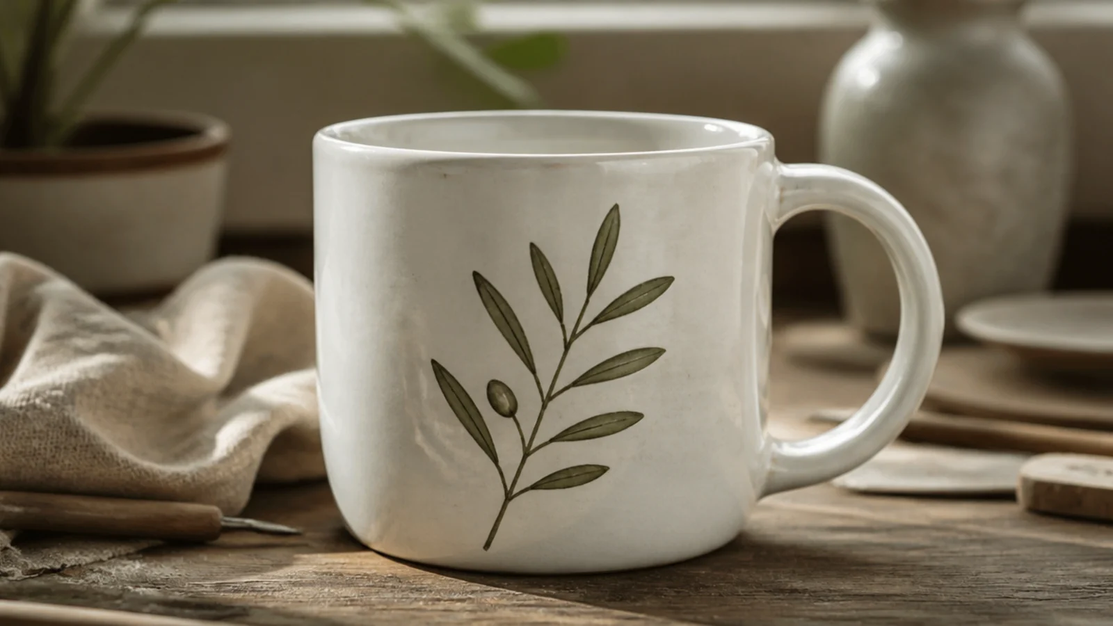 A white mug with a single delicate olive-green leafy sprig hand-painted on the front under a clear glossy glaze.